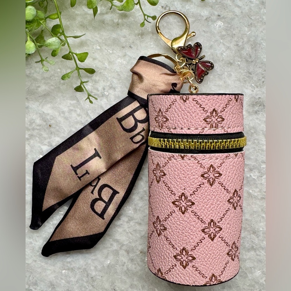 New Pink Flower Diamond Print Mini Bag Purse Charm Keychain w/ Scarf & Butterfly